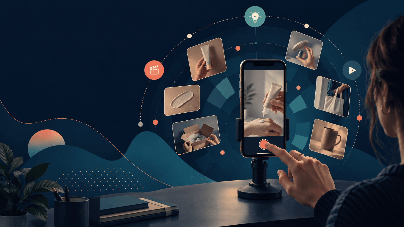 Creator filming a product video surrounded by examples of short-form UGC content