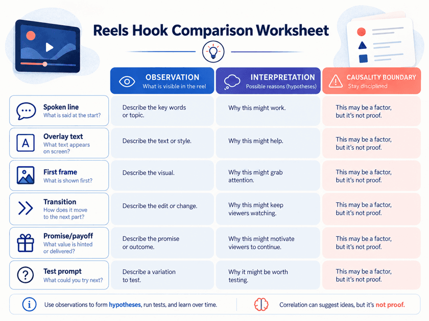 Reels Hook Comparison Worksheet with observation, interpretation, and causality columns for spoken, text, visual, and transition details.