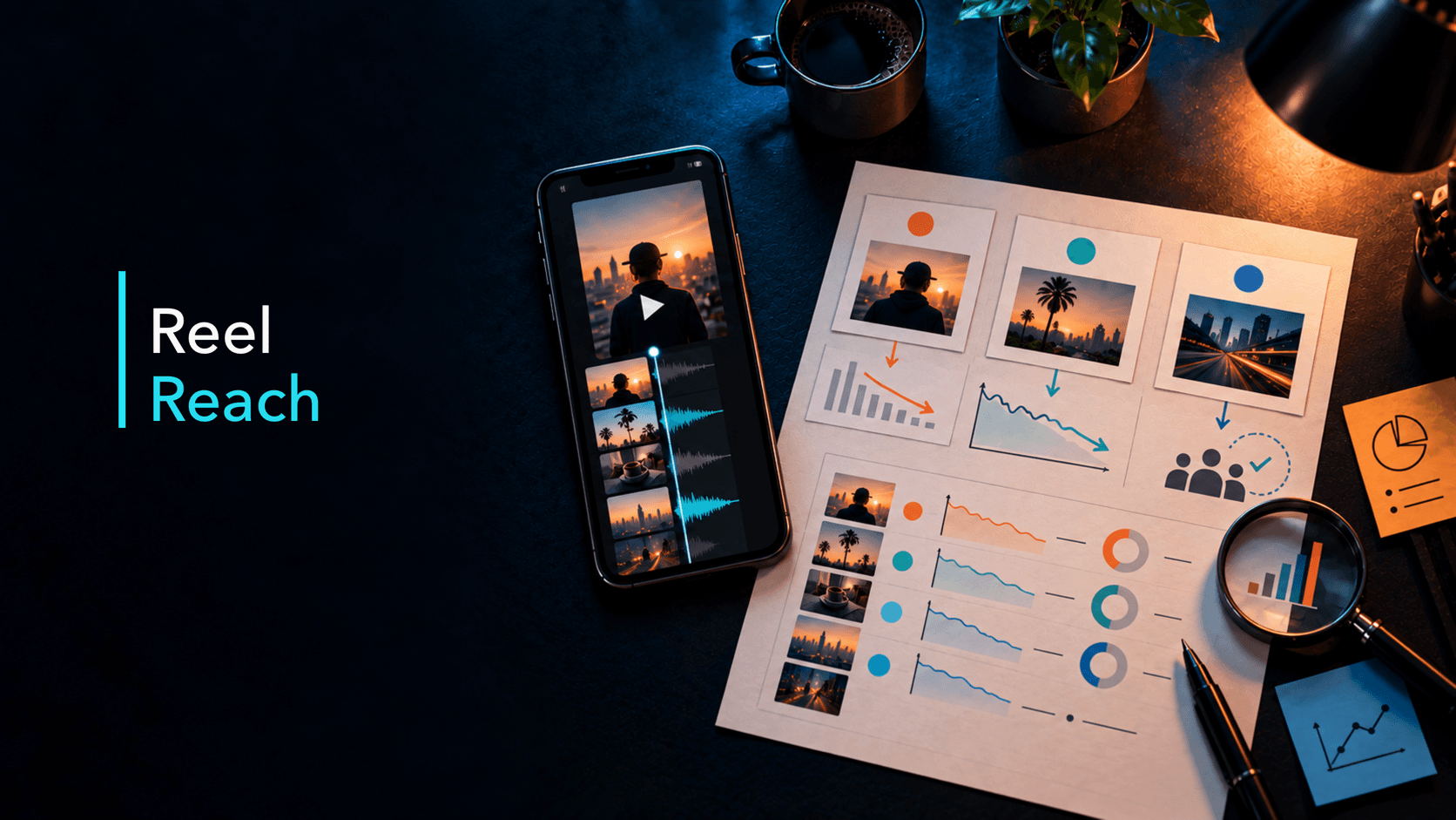 Dark editorial desk with a smartphone Reel timeline and a diagnostic worksheet for reviewing audience fit, pacing, and creative structure.