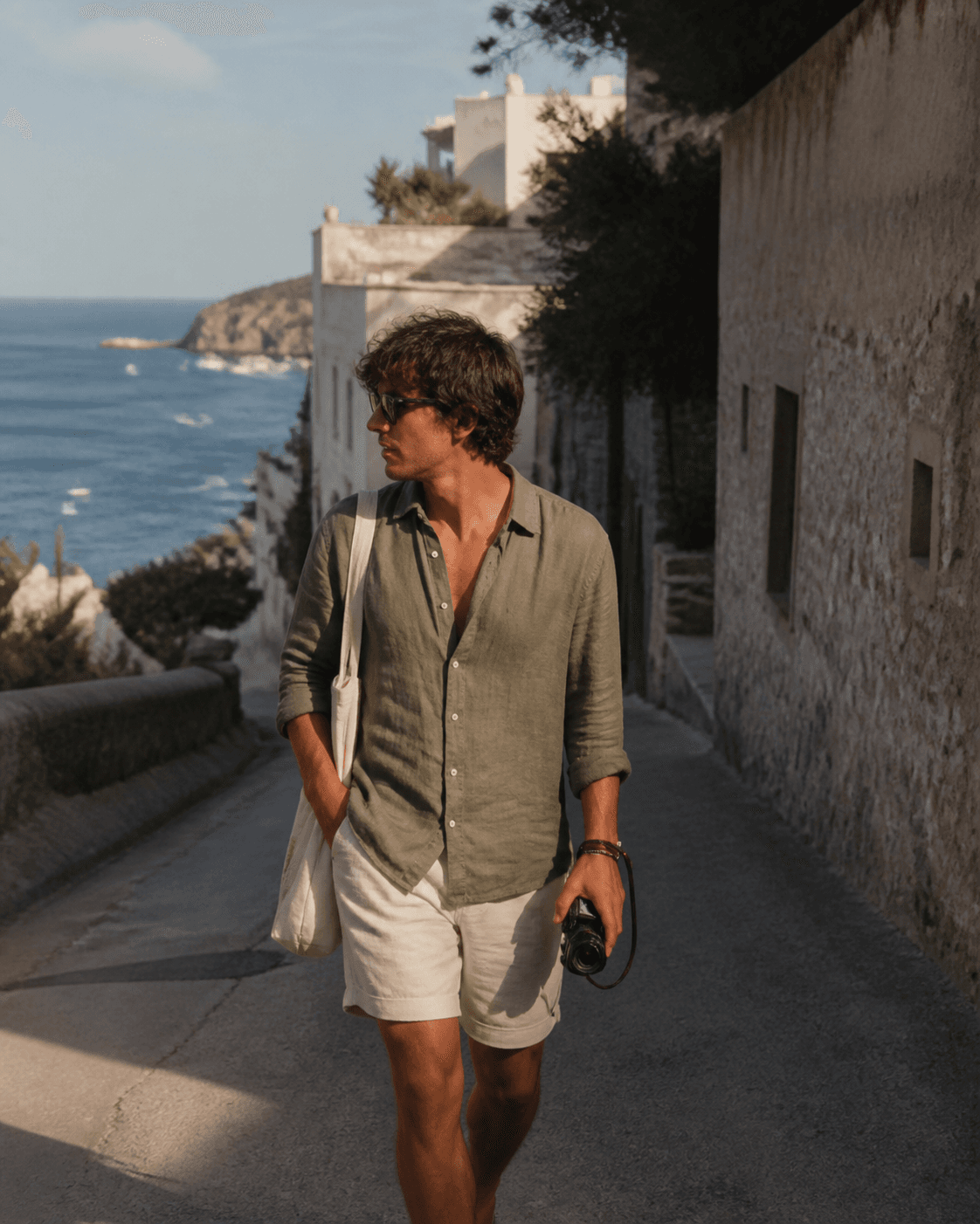 Creator walking along a coastal street with a camera
