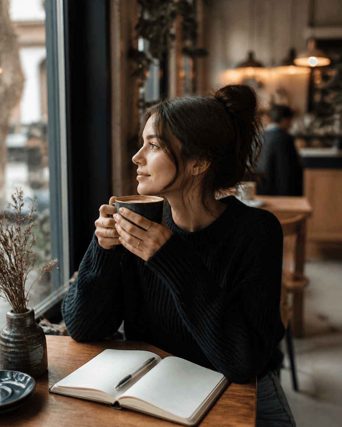Creator holding coffee beside a café window