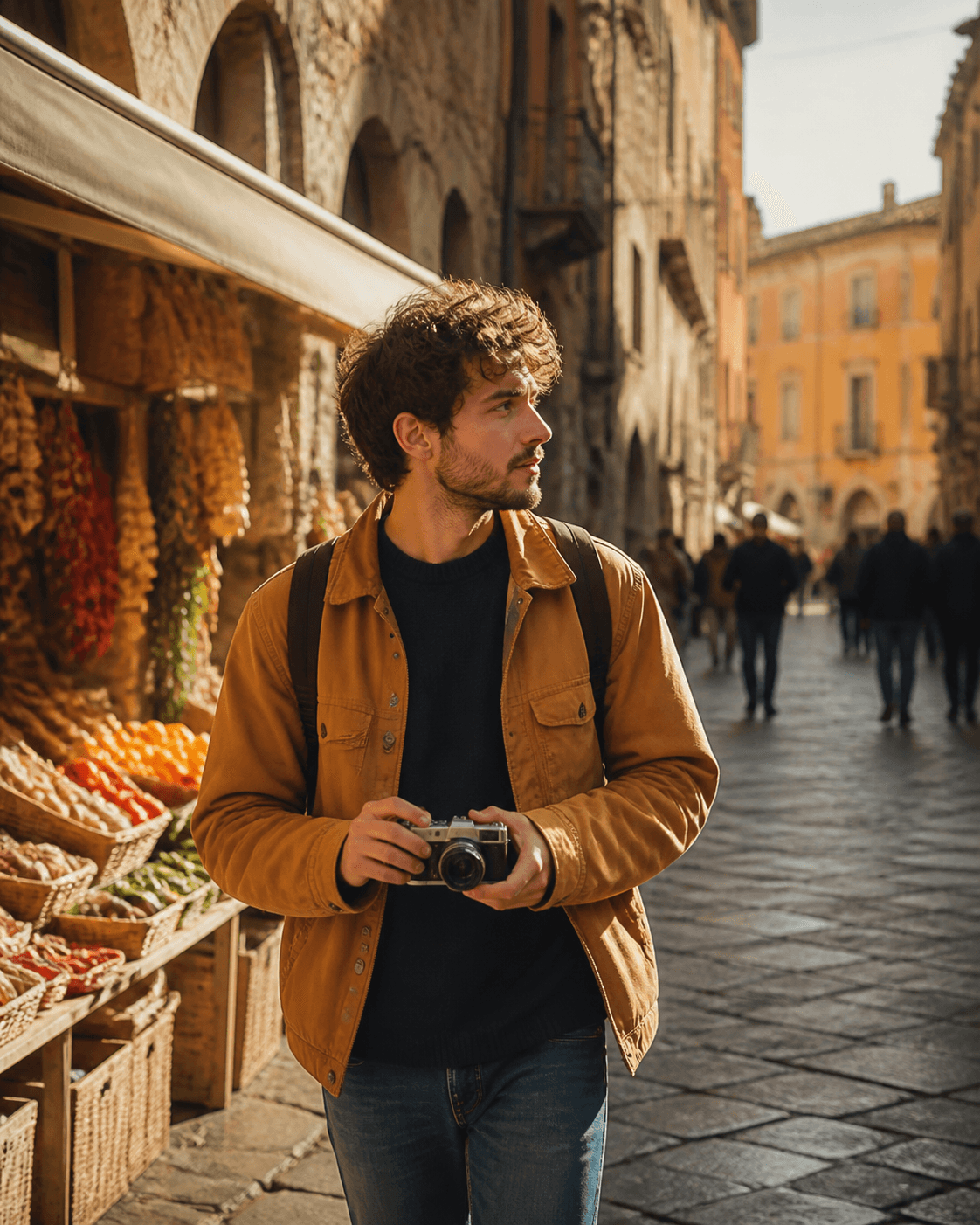 Creator walking through a sunlit street market with a camera