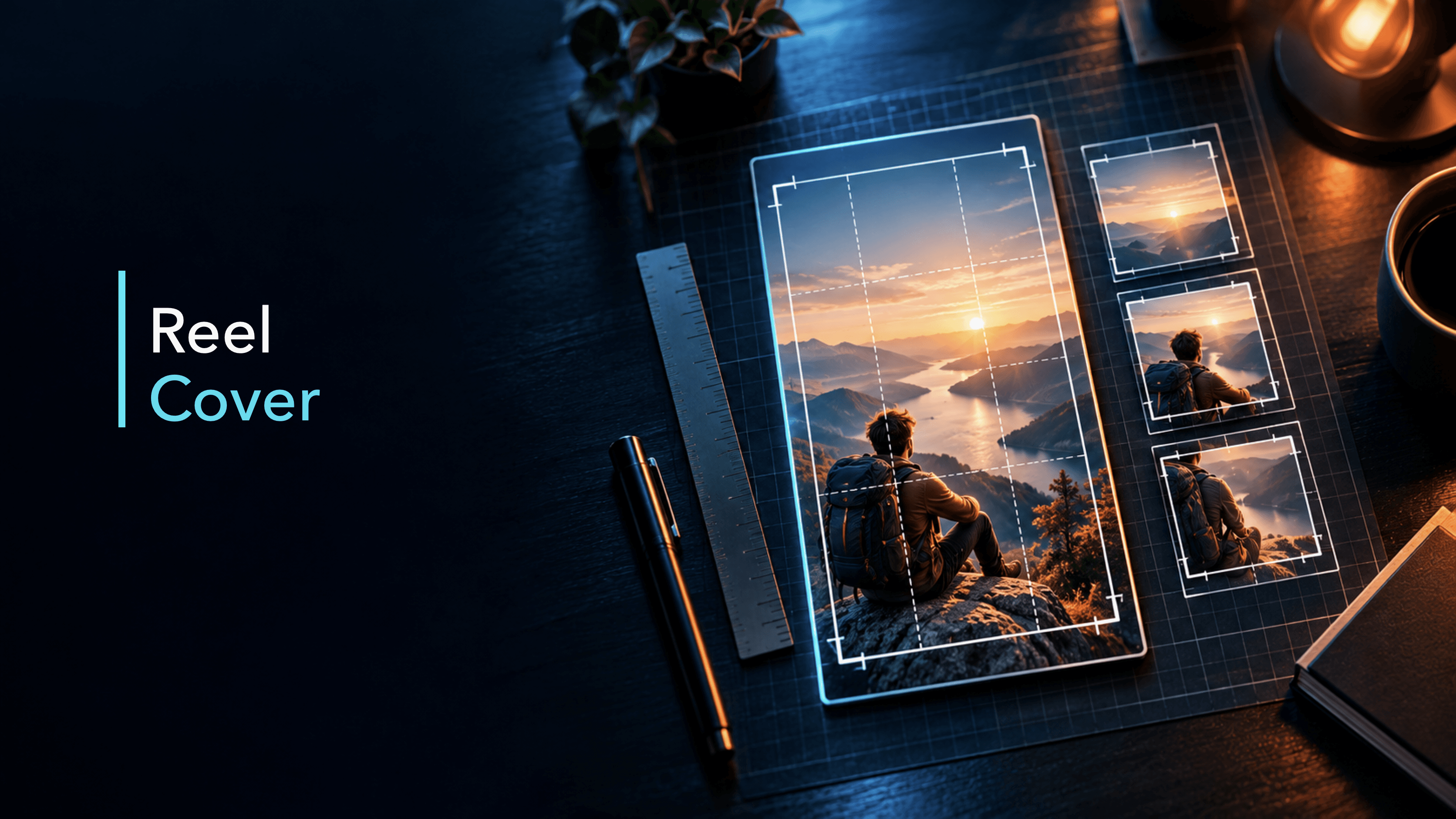 Dark editorial cover showing a vertical Instagram Reel cover card with a central crop-safe frame, ruler, and cyan and amber lighting.