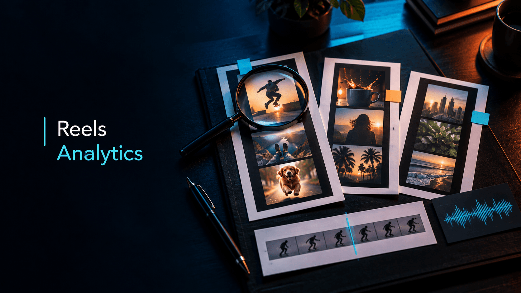 Editorial cover labeled Reels Analytics showing printed Instagram Reel contact sheets, a magnifying glass, and a timeline strip on a dark analysis desk.