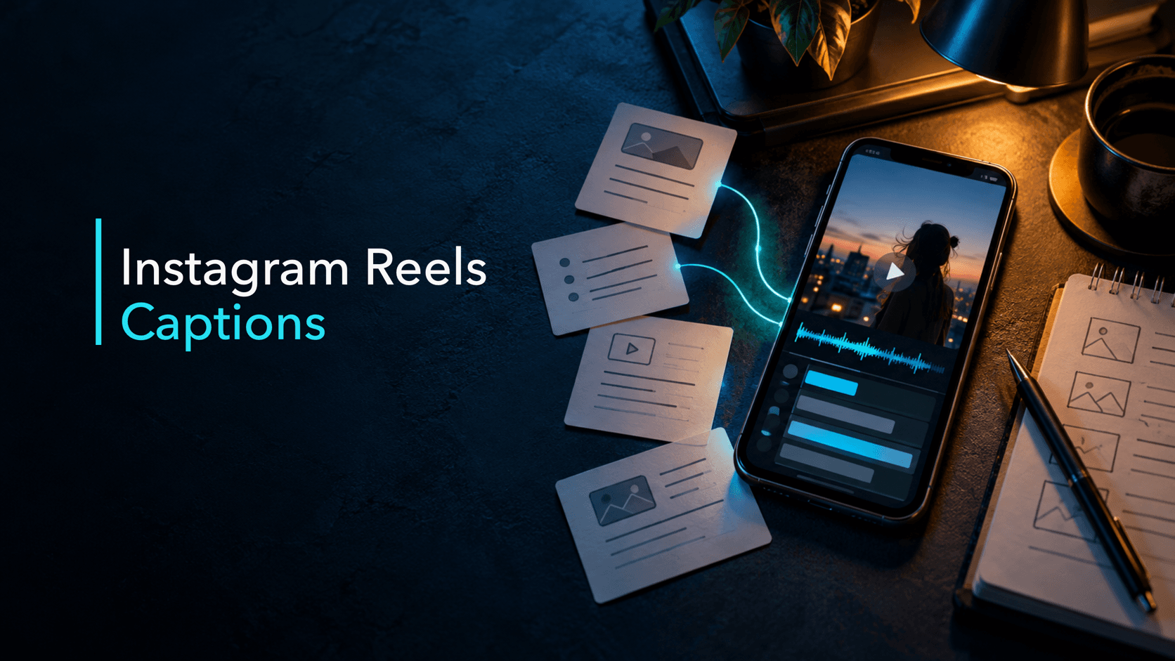 Dark editorial desk with a smartphone, caption draft cards, and a notebook connected by a cyan line.
