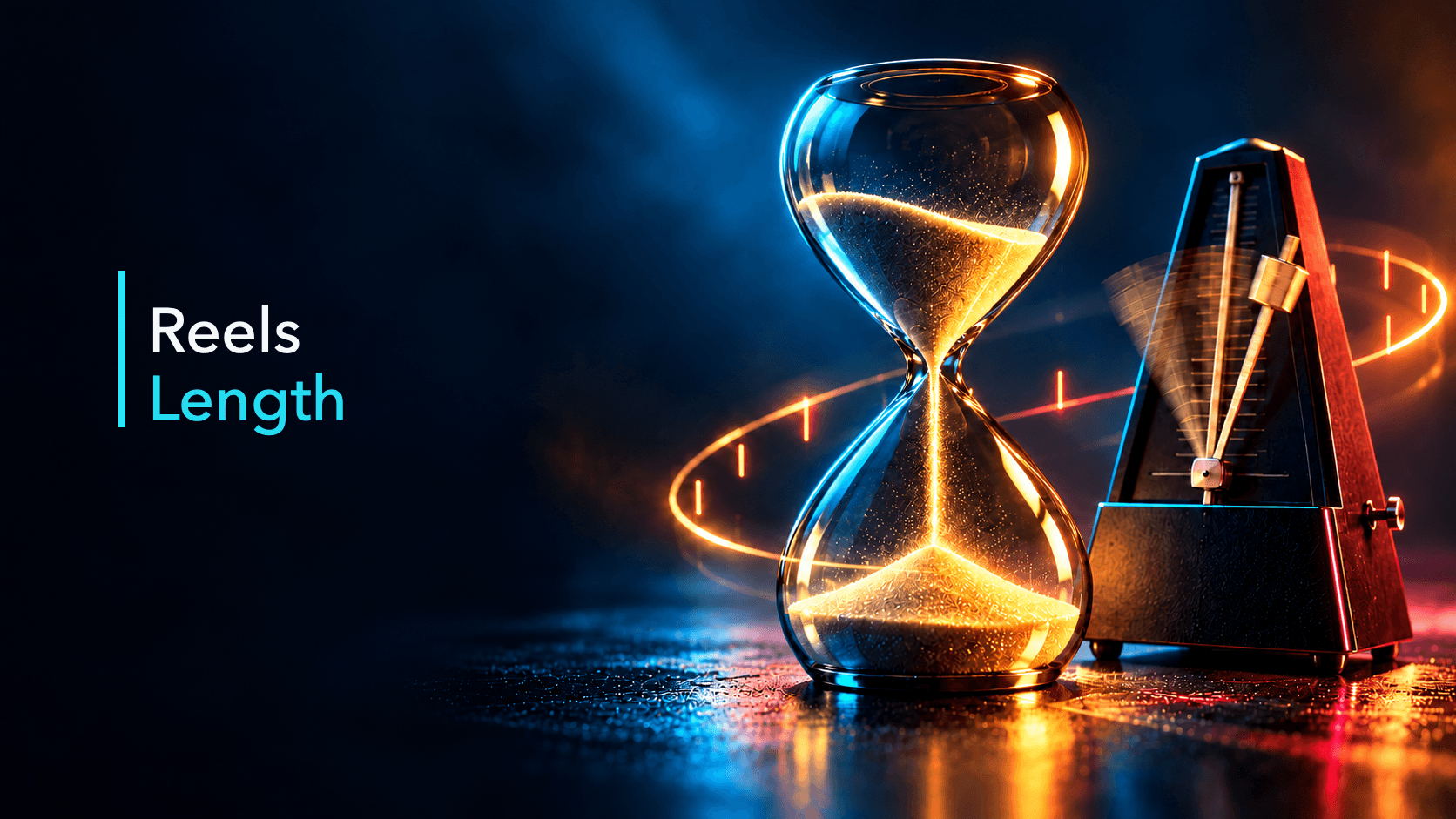 Editorial cover labeled Reels Length showing a glass hourglass and mechanical metronome lit with cyan, amber, coral, and deep navy light.