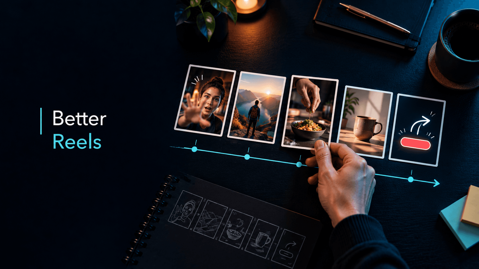 Top-down creator planning desk with Reel storyboard cards, a cyan pacing line, and a hand arranging a sequence.