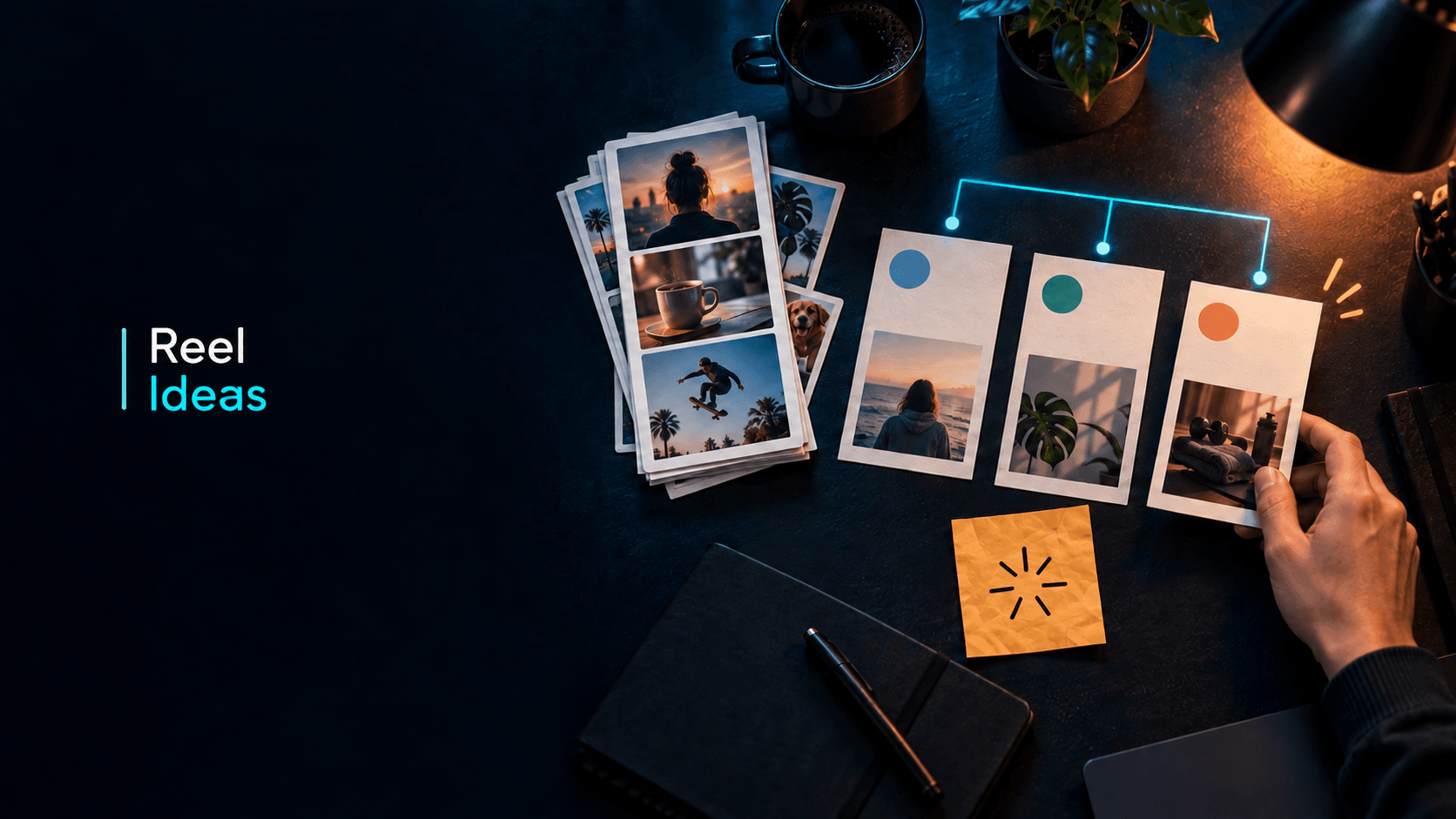 Top-down Reel research desk with contact sheets, idea cards, a cyan connector line, and a hand rearranging a card.