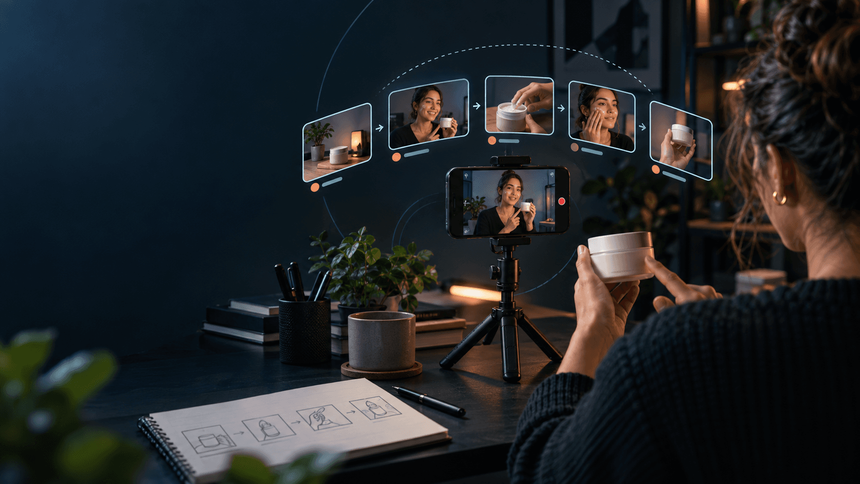 Editorial illustration of a creator filming a product video with a smartphone, surrounded by storyboard cards showing a complete scene progression.