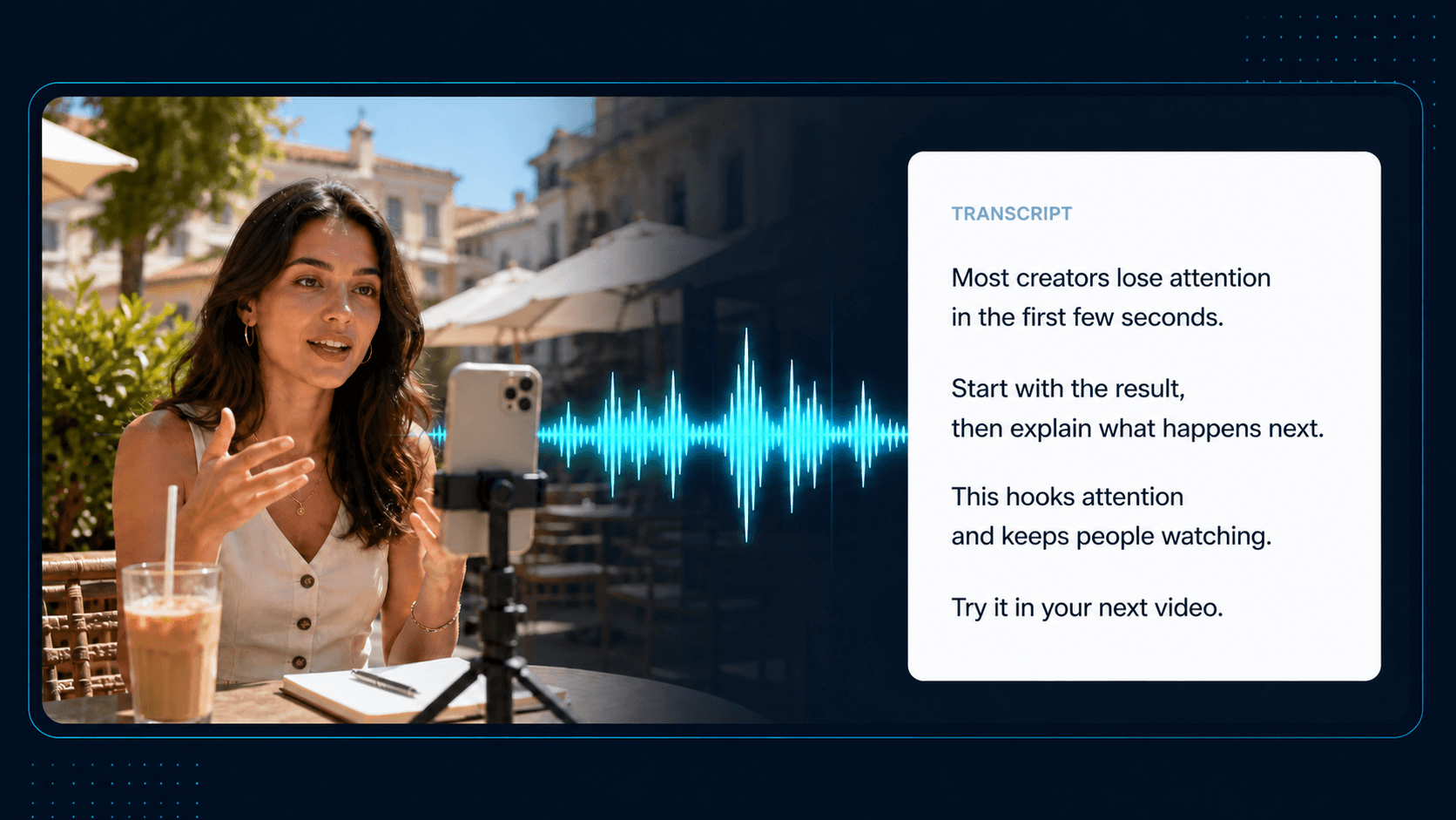 Creator Reel flowing through an audio waveform into a readable transcript output