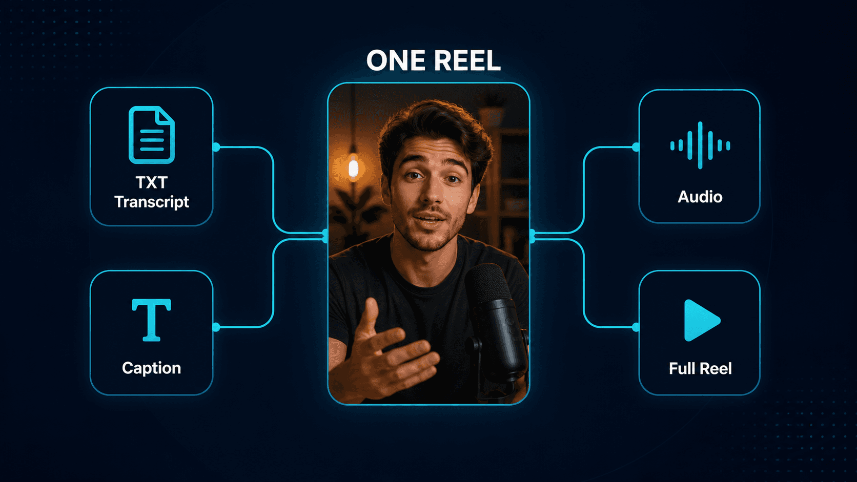 Transcript, caption, audio, and full Reel shown as different Instagram outputs